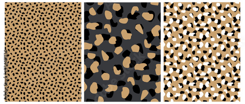 Abstract Leopard Skin Seamless Vector Patterns. White, Brown and Black Irregular Brush Spots on a Gray and Gold Backgrounds.  Abstract Wild Animal Skin Print. Simple Irregular Geometric Design.