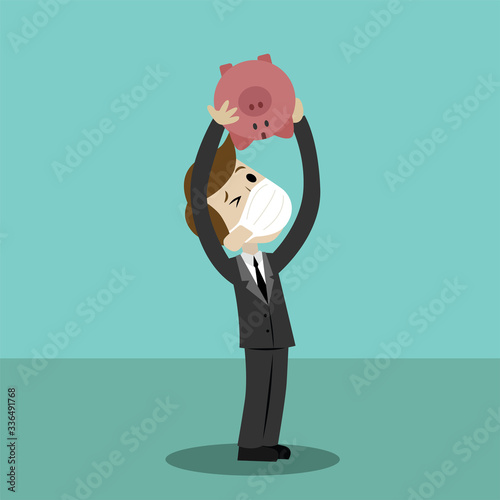 Shaking out empty piggy bank. Loosing investment. Coronavirus epidemic concept. Respiratory disease, virus spread.