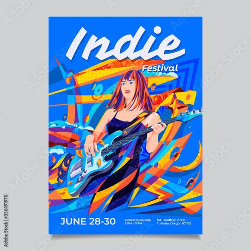 Indie music festival or event poster template with a cute pretty girl playing bass guitar and abstract colorful background.