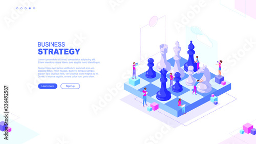 Trendy flat illustration. Business strategy page concept. Teamwork and competition. Chess game. Chess pieces. Template for your design works. Vector graphics.