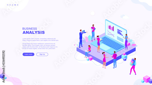 Trendy flat illustration. Business analysis page concept. Office workers planing business mechanism, analyze business strategy and exchange ideas. Template for your design works. Vector graphics.