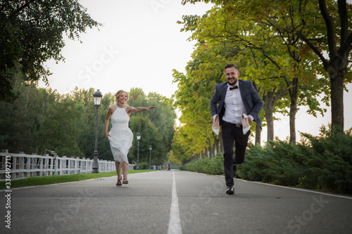 The groom runs away from the bride