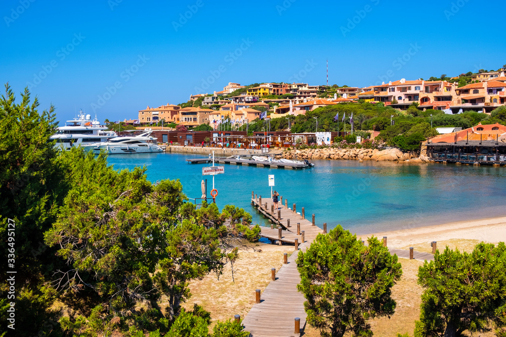 Porto Cervo, Sardinia, Italy - Panoramic view of luxury yacht port and marina of Porto Cervo resort at the Costa Smeralda coast of Tyrrhenian Sea