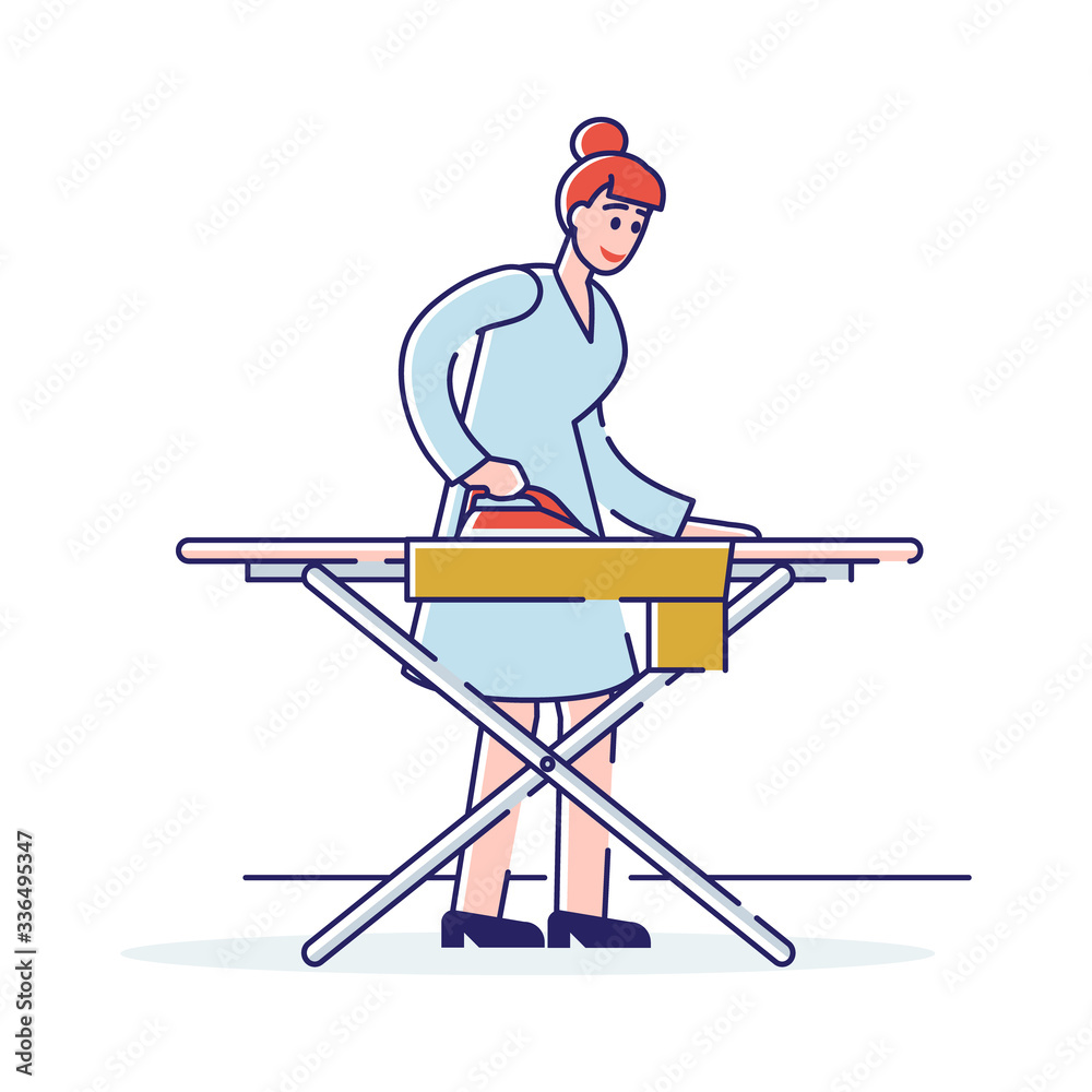 Concept Of Laundry And Housework. Female Character Is Ironing Clothes And Things On The Ironing Board. Young Cheerful Girl Is Doing Housework. Cartoon Linear Outline Flat Style. Vector Illustration