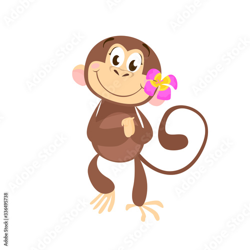 Happy cartoon monkey with tropical flower at ear dancing and having fun. Cute character  animal  joy. Can be used for topics like vacation  zoo  jungle