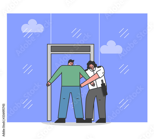 Male Character Is Going Through Security Checkpoint In Airport Terminal and Checked by Airport Security Staff For Presence of Prohibited Items. Cartoon Linear Outline Flat Style. Vector Illustration