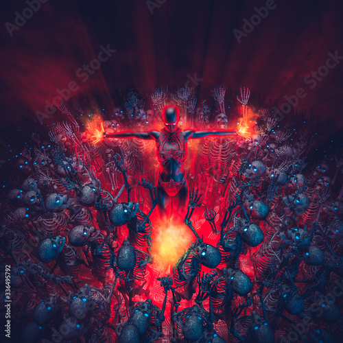 Konstfotografi Witch and horde / 3D illustration of evil sorceress using fire magic to raise un