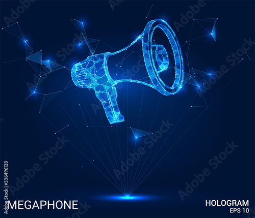 Megaphone hologram. Megaphone of polygons, triangles of points and lines. The loudspeaker is a low-poly connection structure. The technology concept.