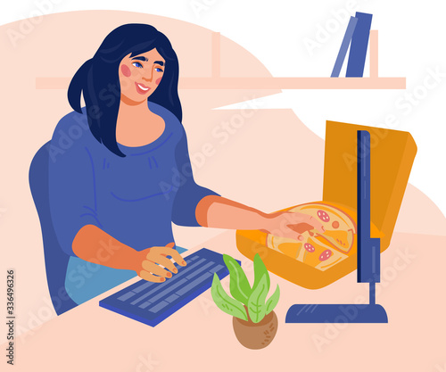 Woman snacks in the workplace. Young girl eating while working at computer. Lifestyle, lunch break for food and business rush concept. Flat vector illustration isolated. 