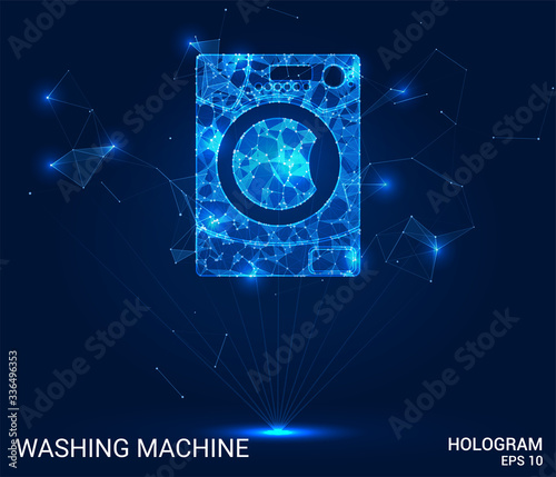 Hologram washing machine. Washing machine made of polygons, triangles of points and lines. Washing machine low-poly connection structure. The technology concept.