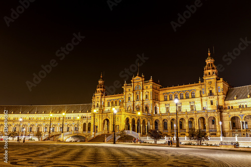 Night at the Plaza de Espana in Seville, Andalusia, Spain.