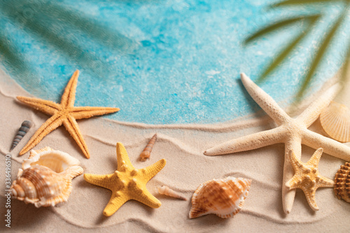summer beach background with shell sea star blurred Palm vacation and travel concept, Flat lay top view copy space Minimal exotic concept. Creative layout of sand waves and sea