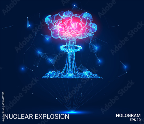 Hologram of a nuclear explosion. A nuclear explosion of polygons, triangles of points and lines. Atomic explosion is a low-poly compound structure. The technology concept.