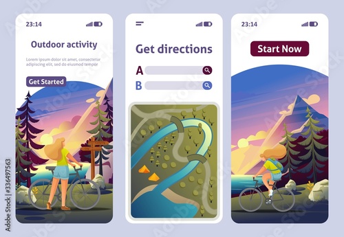 Page Template Mobile App..Active Recreation in the Forest. Choose Route for a Cycling. Flat 2D Character