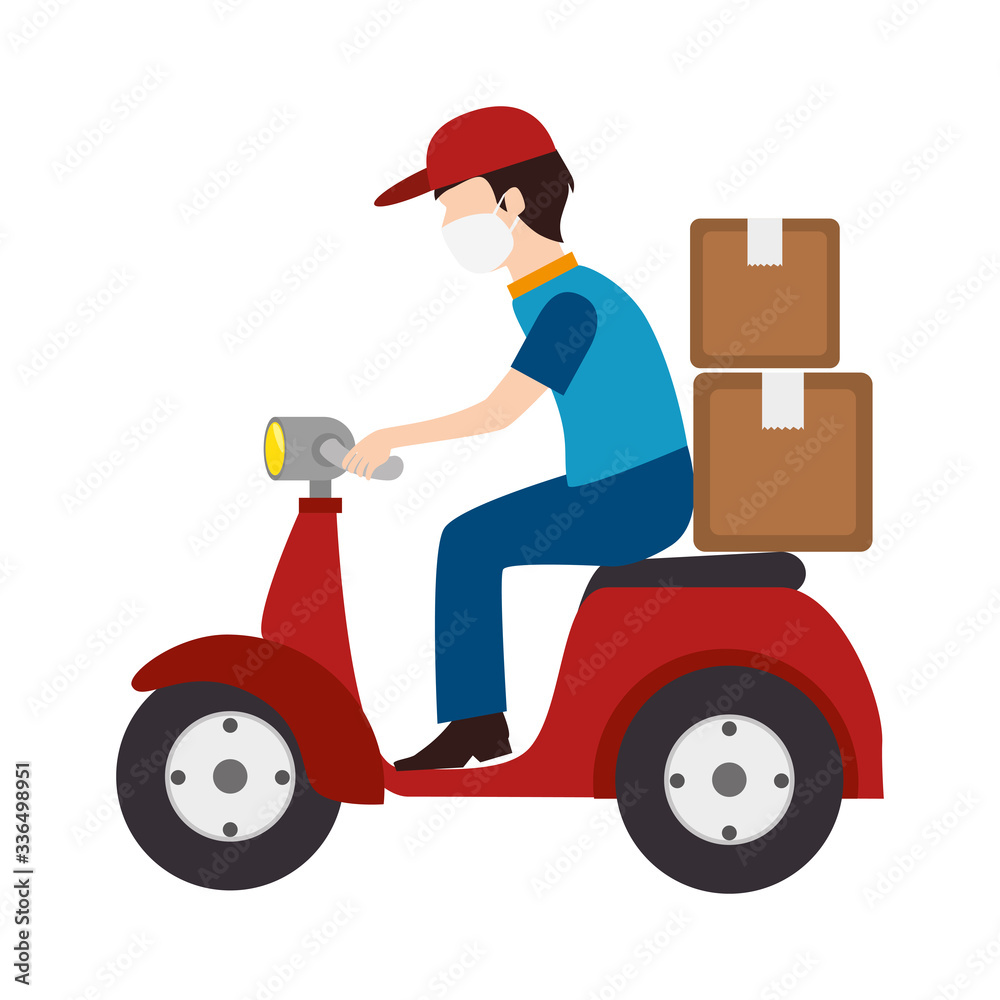 delivery worker using face mask in motorcycle with boxes carton vector illustration design