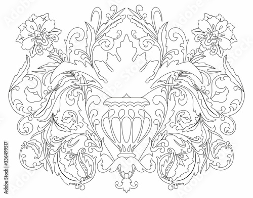 Coloring. Luxurious paisley composition. pattern with fantasy flowers, floral decoration, decorative border for textile, wrapping, decor. Bohemian design.