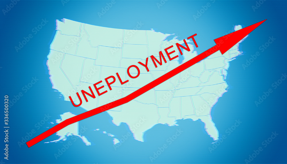 Obraz premium Word UNEPLOYMENT and growing up red arrow on USA map background. Concept of increase in the number of unemployed in USA. Elements of this image furnished by NASA