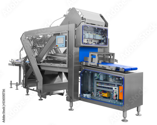 Automatic packing machine with plastic bag and paper box, high speed packing machine for food product industrial, high technology manufacturing process Isolated on white background