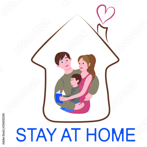 A vector image that calls for "Stay at home". It shows a family: a father, mother and son reading a book together. Suitable for posters about prevention measures against coronavirus.