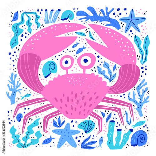 Cute sea crab hand drawn vector illustration. Adorable sealife cartoon character. Funny underwater wildlife, ocean animal with claws isolated on white background. 