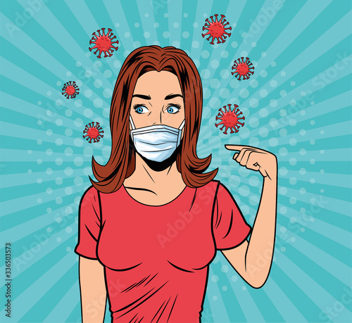 woman using face mask for covid19 pop art style