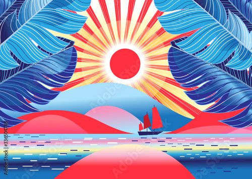 Beautiful vector landscape with palm trees and sea