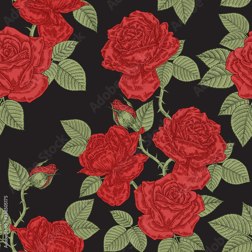 Red roses seamless pattern. Rose flowers on black background. Vector illustration.