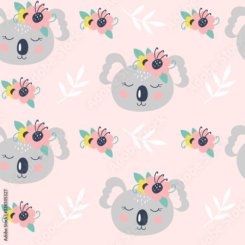 Seamless pattern with cute koala on a pink background. Vector