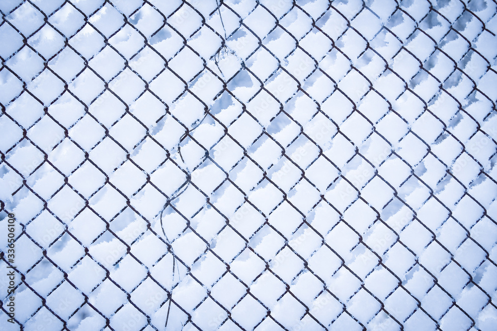 A Winter mesh on nature in the park background. Winter fence fence. A Winter mesh on nature in the park background. Winter fence fence.