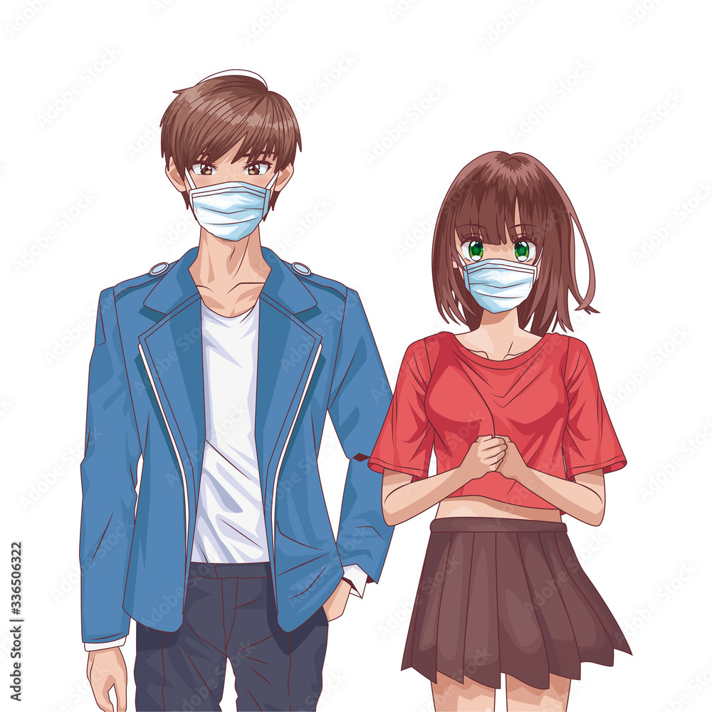young couple using face masks anime characters Stock Vector | Adobe Stock