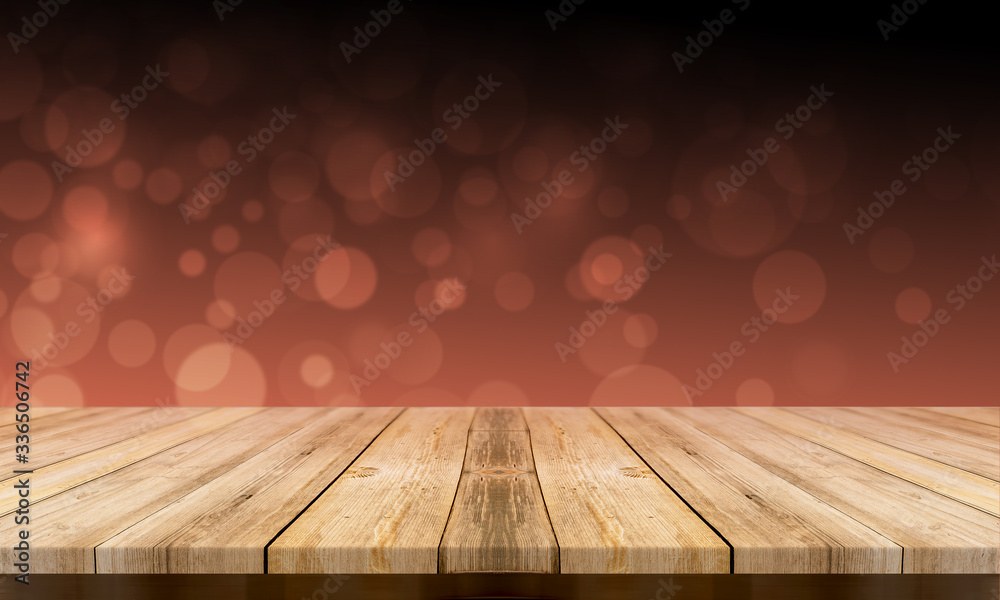 Empty wooden table with a beautiful colour bokeh background Empty wooden table with a beautiful colour bokeh background