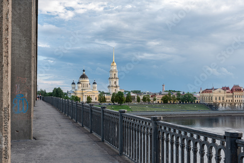 Bridge over the Volga river. View of the Transfiguration Cathedral. Rybinsk. Russia
