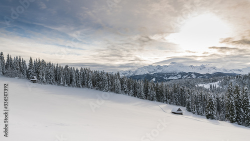 Winter landscape in the mountains and wood cabin © darek34