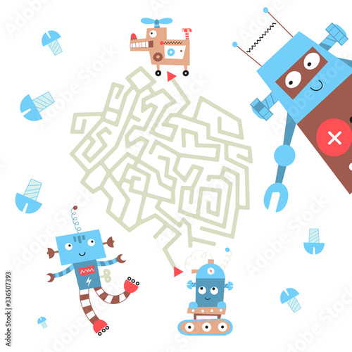 Maze game for little one. Help the robot get to robot dog. Vector illustration. Funny labyrinth for kids.