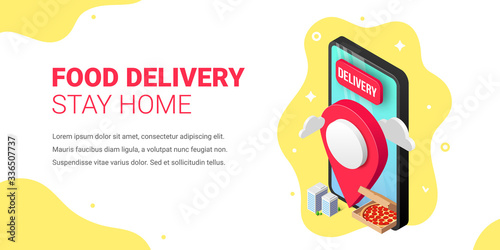 Free fast food delivery service isometric banner. 3d pizza in box, map pointer, houses on smartphone screen. Stay home buy online concept. Vector illustration for web site, advert, mobile app