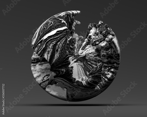 Photography 3d render of abstract black and white art with damaged sphere, or broken planet