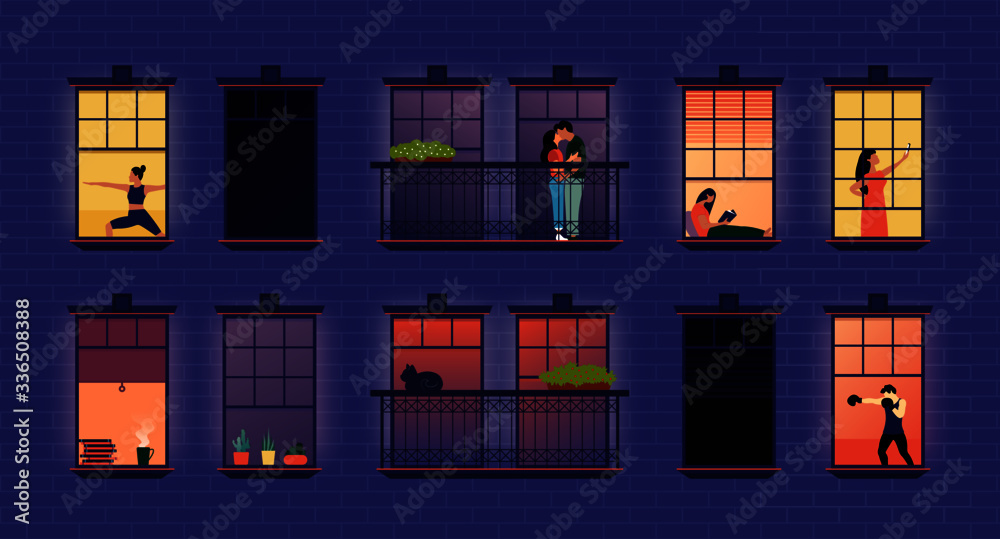 Neighbors in windows. Cartoon neighborhood house apartments, building exterior with people in opened windows and balcony, flat abstract indoors apartment set. Vector illustration