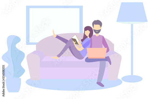 Symbolic man and woman at home do their own thing concept. Hygge lifestyle flat composition with indoor view of living room interior with couple sitting on sofa vector illustration