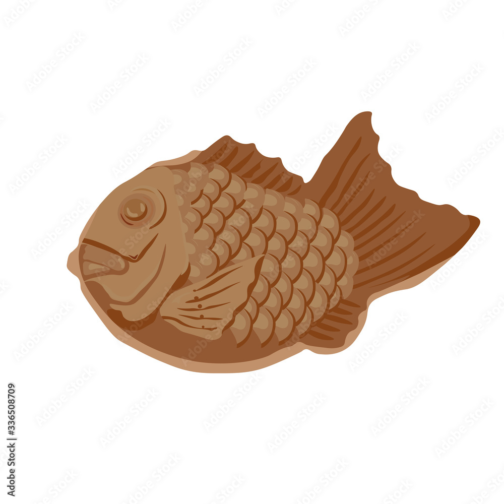 Vector stock illustration of japanese taiyaki. Korean dessert fish pie with fillings. Asian dessert.Cartoon hand drawn Japanese or Korean street food and snack, Asian food icon. Great for menu design.