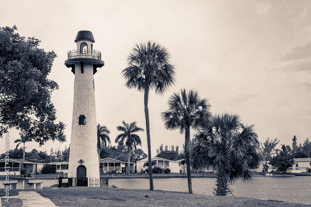 Lighthouse, palm trees and homes on lake, black and white - Hollywood, Florida, USA