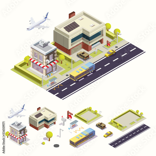 City street with cafe isometric. Vector illustration