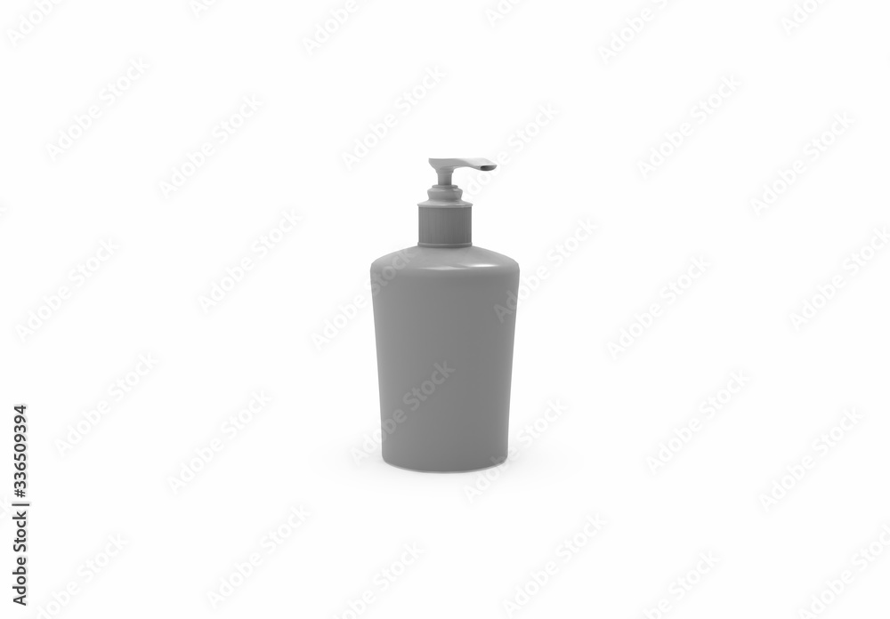 Hand sanitizer, Liquid soap. Isolated on white. Clipping path. 3D Rendering. Hand sanitizer, Liquid soap. Isolated on white. Clipping path. 3D Rendering.