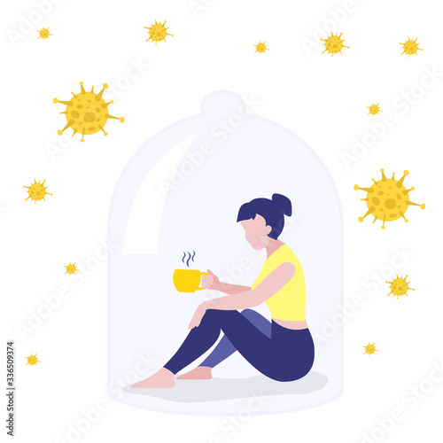 Vector illustration of sitting under the dome or shelter girl with cup of hot drink like coffee or tea on quarantine under the protection of viruses around. Coronavirus concept.  Stay home