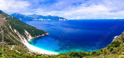Best beaches of Kefalonia island - Myrtos with turquoise transparent sea. Greece, Ionian islands