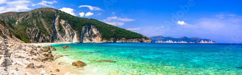 Best beaches of Kefalonia island - Myrtos with turquoise transparent sea. Greece, Ionian islands