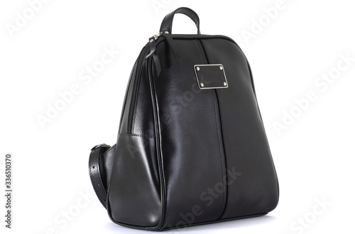 stylish leather black female backpack on a white background