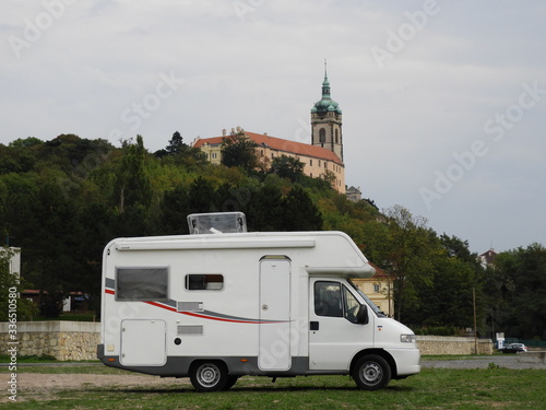 camper on the background of the castle