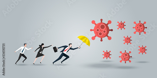 Leader Protect His Team, a Businessman With Yellow Umbrella  Defense Coronavirus 2019 or Covid-19, Business Concept of Teamwork and leadership. Vector Ilustration.