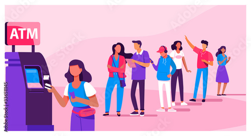 Queue of people standing for using ATM. Bank customer inserting credit card to slot for transaction. Vector illustration for business, banking, finance concept