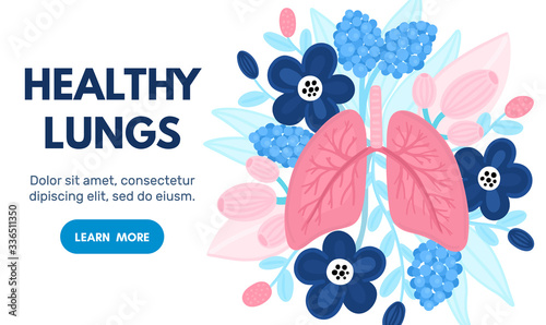 Vector healthy lungs on flowers. Background for label, advertisement of pulmonary medicine, landing or banner for pulmonology clinic, design for website or article about respiratory system health